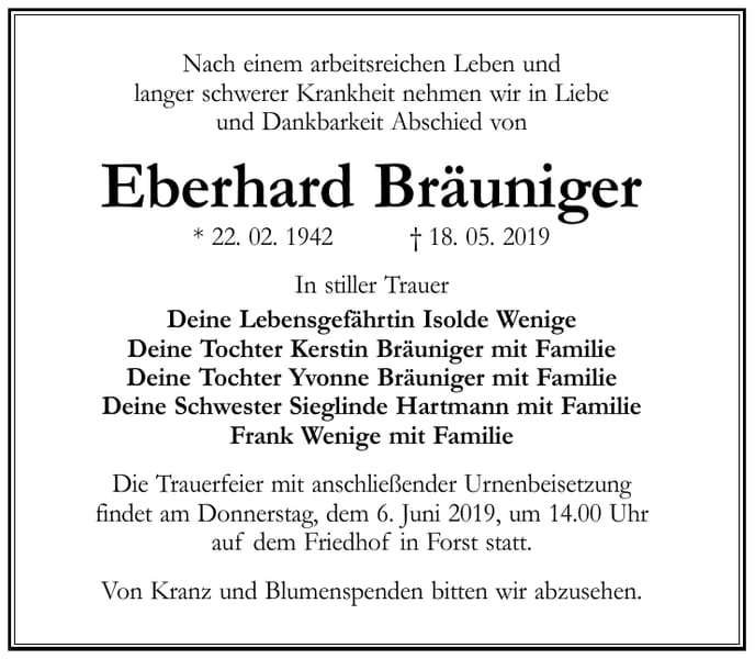Traueranzeige Eberhard Bräuniger