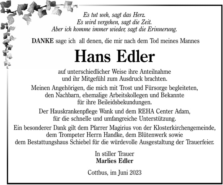 Danksagung Hans Edler