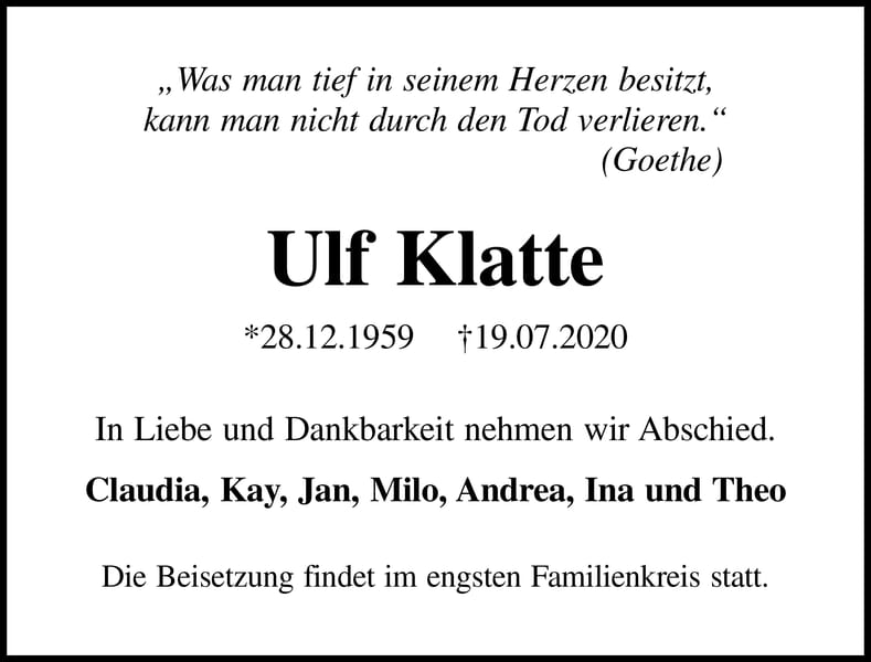 Traueranzeige Ulf Klatte