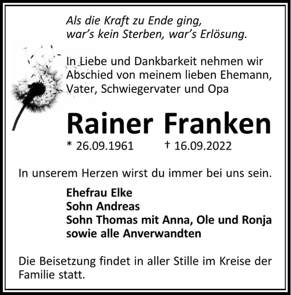 Traueranzeige Rainer Franken
