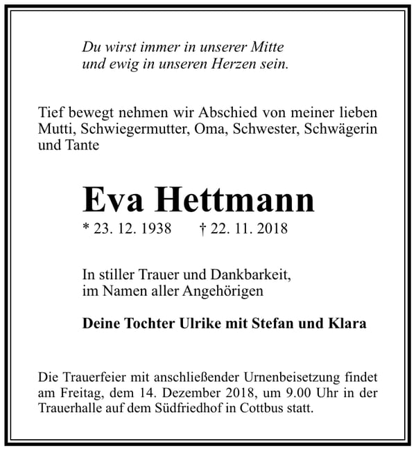 Traueranzeige Eva Hettmann
