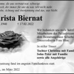 Danksagung Christa Biernat