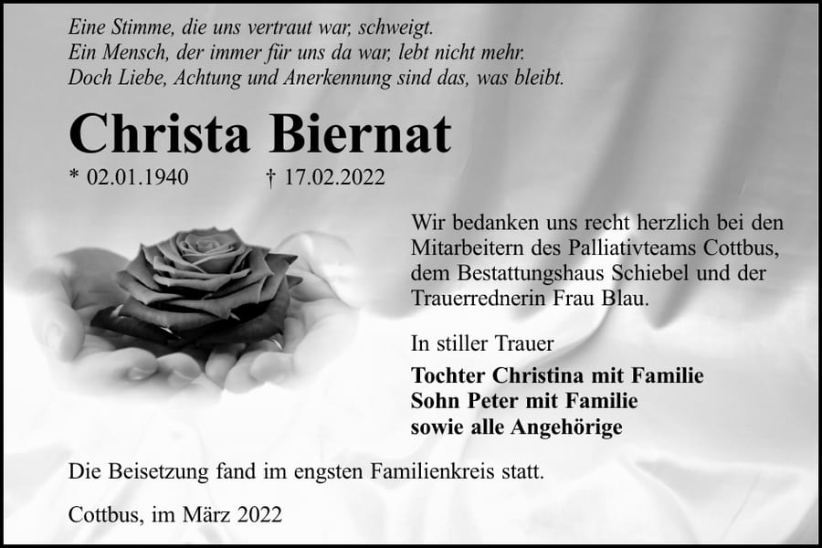 Danksagung Christa Biernat