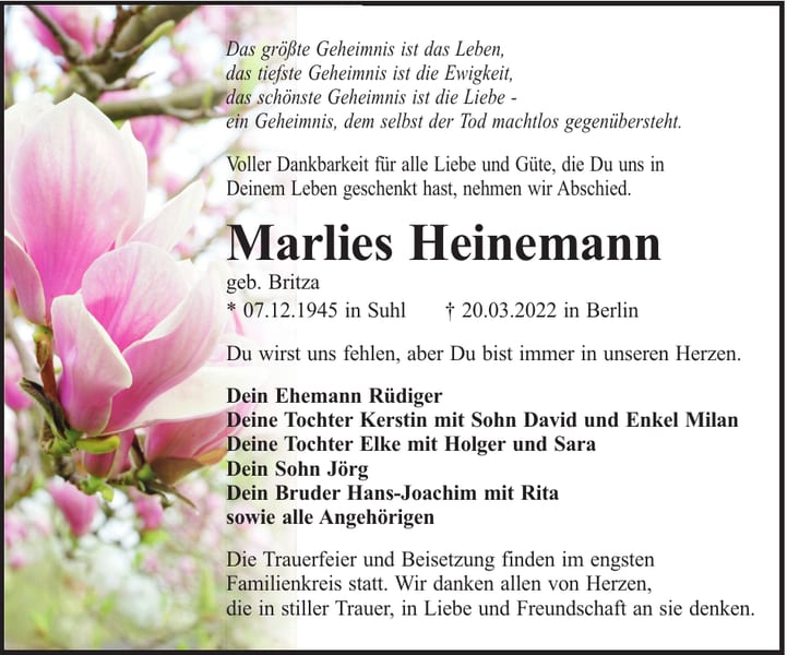 Traueranzeige Marlies Heinemann, geb. Britza
