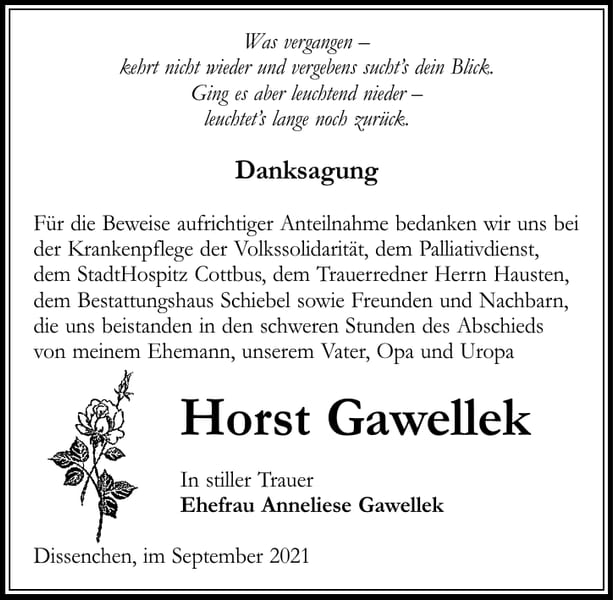 Danksagung Horst Gawellek