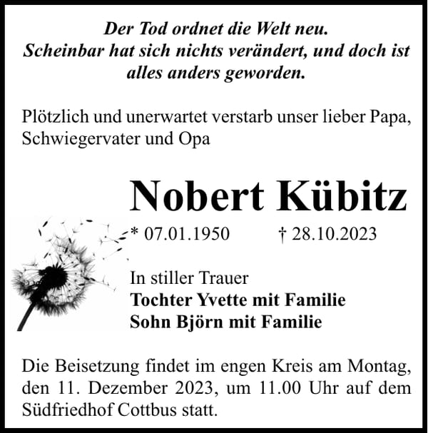 Traueranzeige Nobert Kübitz