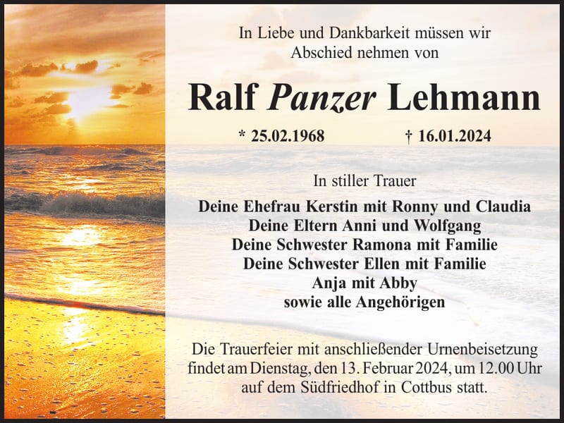 Traueranzeige Ralf Panzer Lehmann