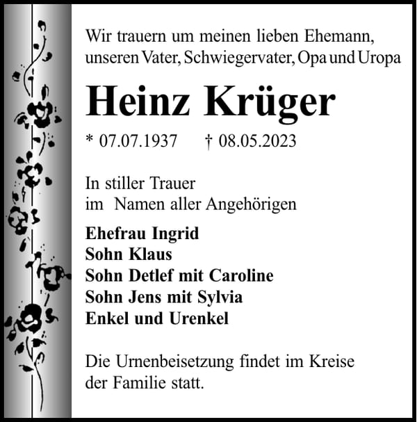 Traueranzeige Heinz Krüger