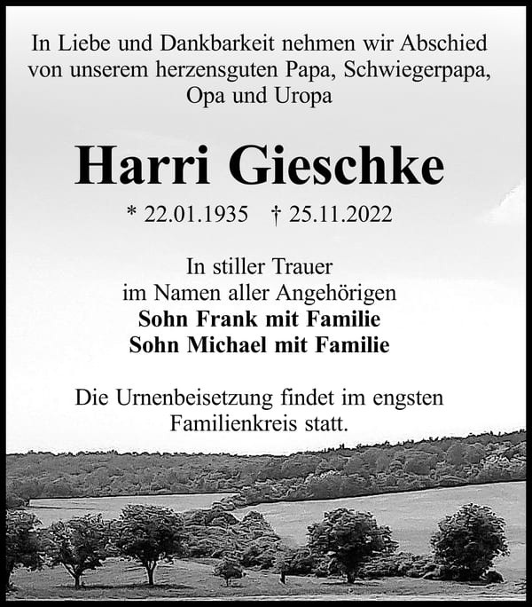 Traueranzeige Harri Gieschke