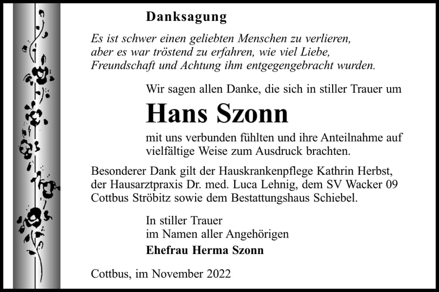 Danksagung Hans Szonn