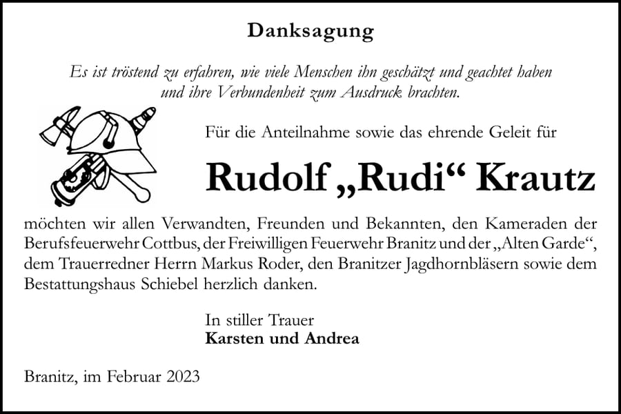 Danksagung Rudolf „Rudi“ Krautz