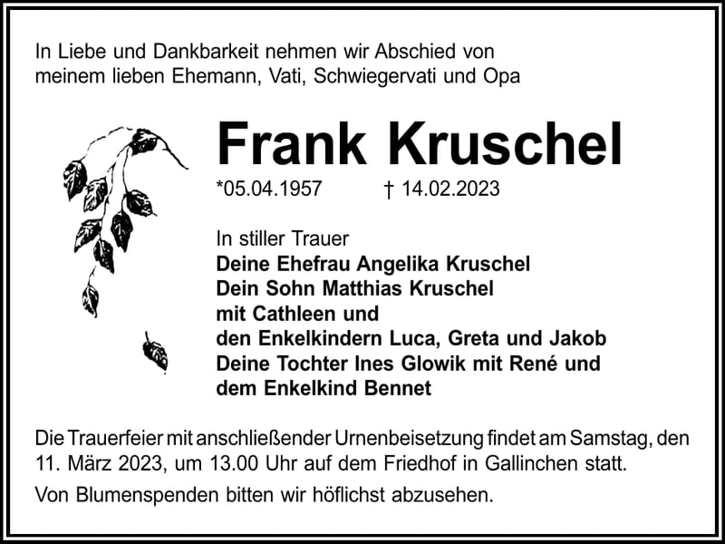 Traueranzeige Frank Kruschel