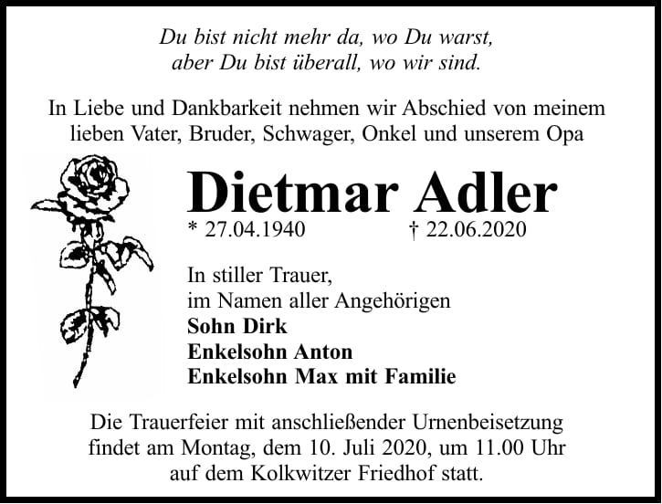 Traueranzeige Dietmar Adler