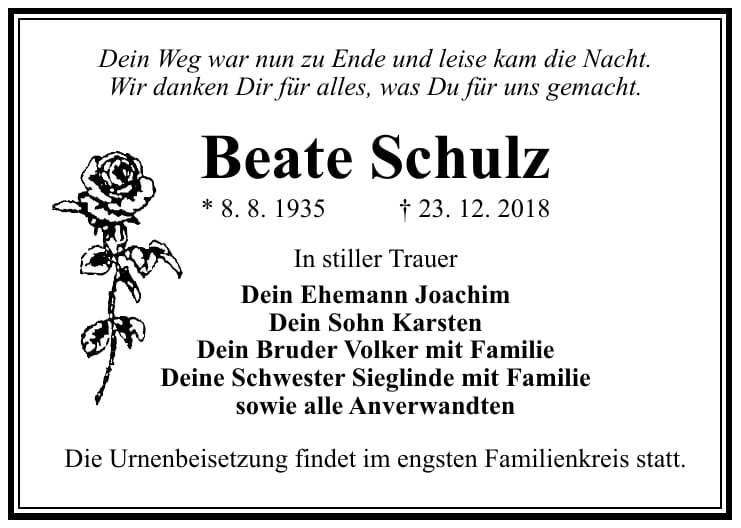 Traueranzeige Beate Schulz