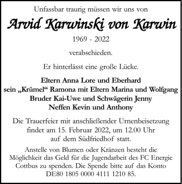 Traueranzeige Arvid Karwinski von Karwin