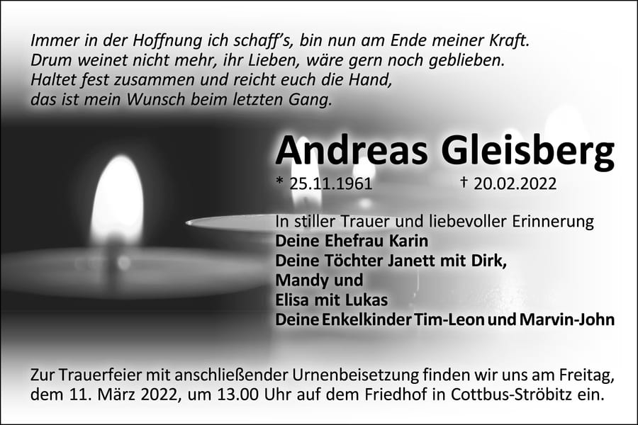 Traueranzeige Andreas Gleisberg