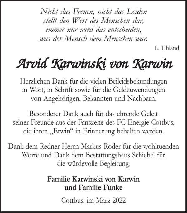 Danksagung Arvid Karwinski von Karwin („Erwin“)