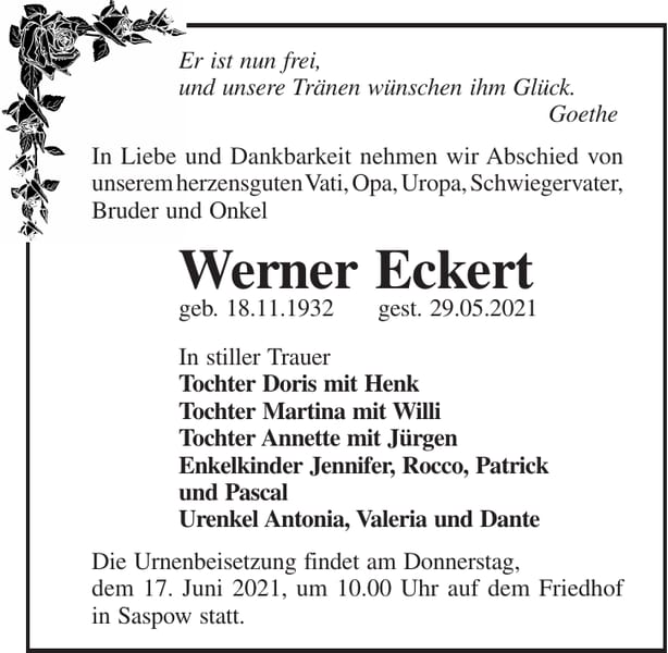 Traueranzeige Werner Eckert