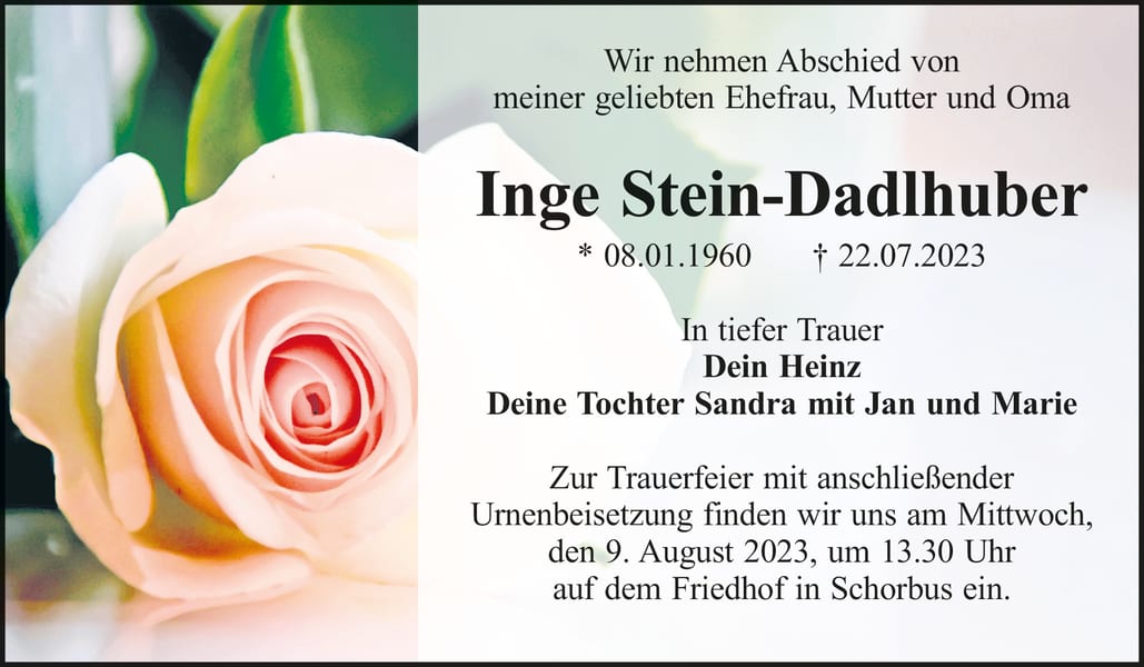Traueranzeige Inge Stein-Dadlhuber