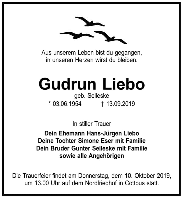 Traueranzeige Gudrun Liebo, geb. Selleske