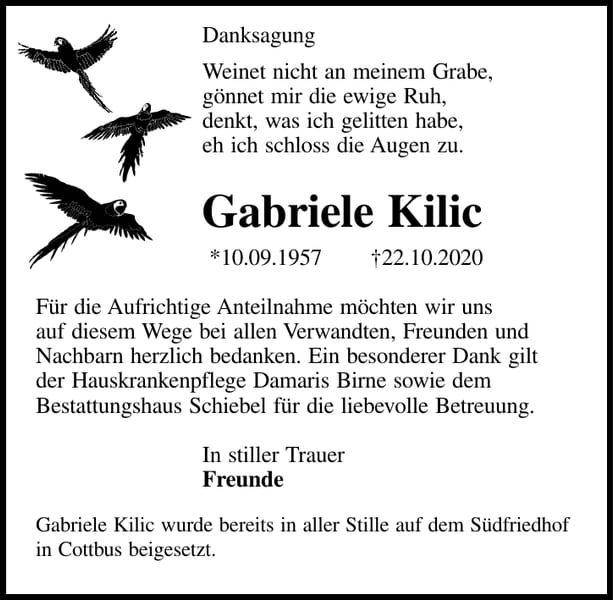 Traueranzeige Gabriele Kilic