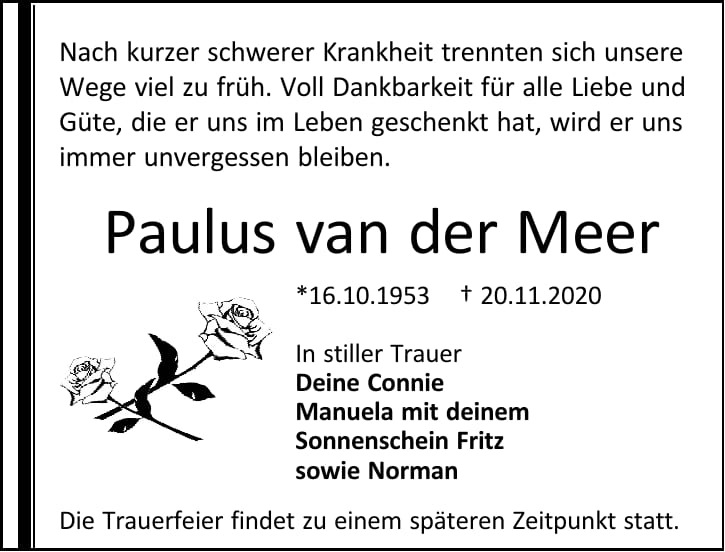 Traueranzeige Paulus van der Meer