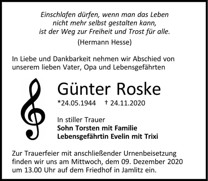 Traueranzeige Günter Roske