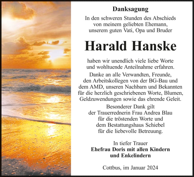 Danksagung Harald Hanske