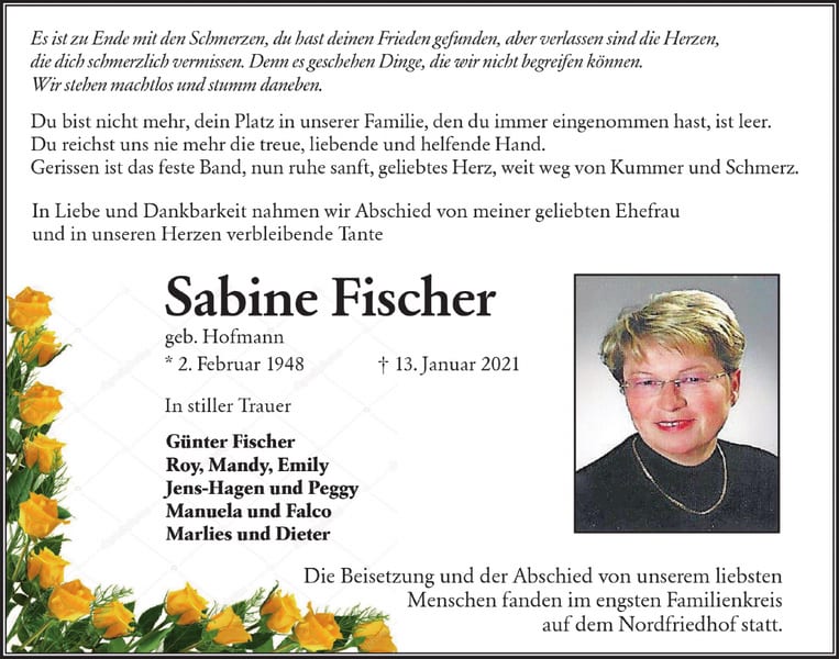 Traueranzeige Sabine Fischer, geb. Hofmann