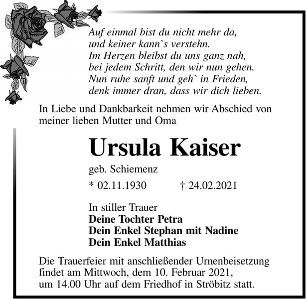 Traueranzeige Ursula Kaiser, geb. Schiemenz