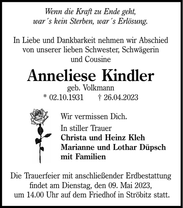 Traueranzeige Anneliese Kindler, geb. Volkmann