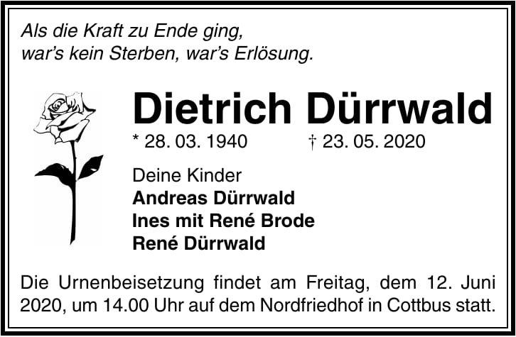 Traueranzeige Dietrich Dürrwald
