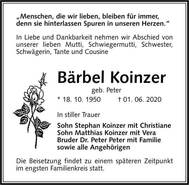 Danksagung Bärbel Koinzer, geb. Peter