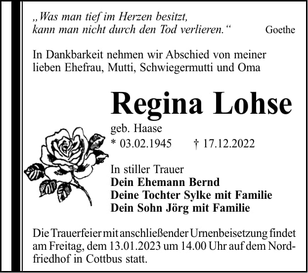 Traueranzeige Regina Lohse, geb. Haase
