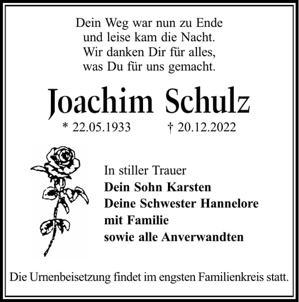 Traueranzeige Joachim Schulz
