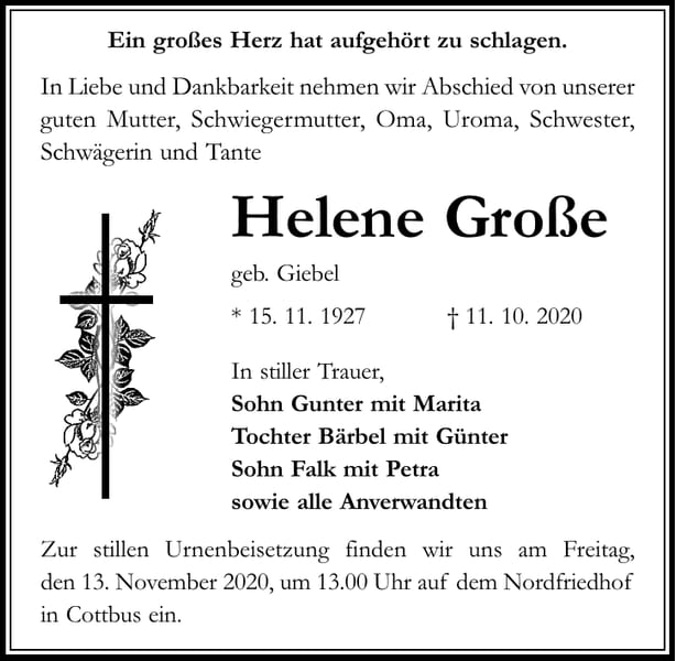 Traueranzeige Helene Große, geb. Giebel