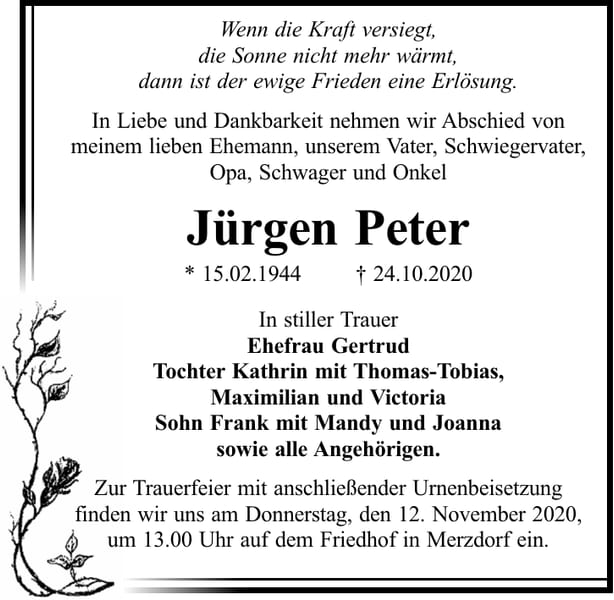 Traueranzeige Jürgen Peter