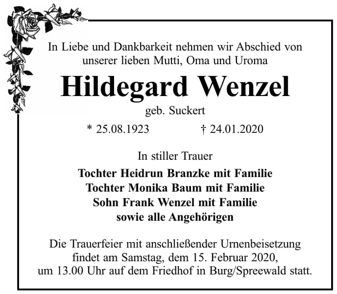 Traueranzeige Hildegard Wenzel, geb. Suckert
