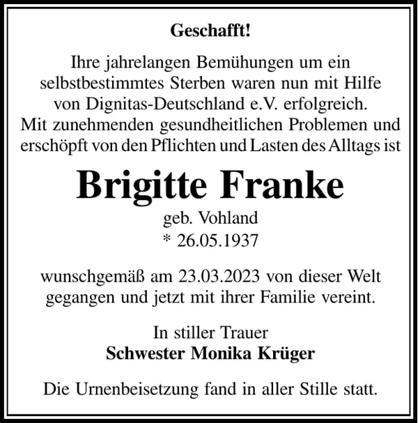 Traueranzeige Brigitte Franke, geb. Vohland