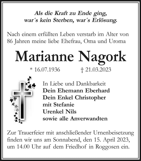 Traueranzeige Marianne Nagork