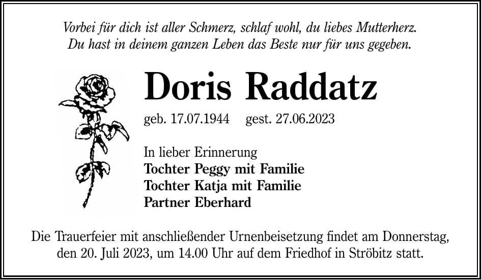 Traueranzeige Doris Raddatz