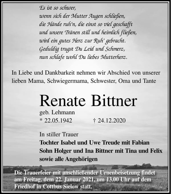Traueranzeige Renate Bittner, geb. Lehmann