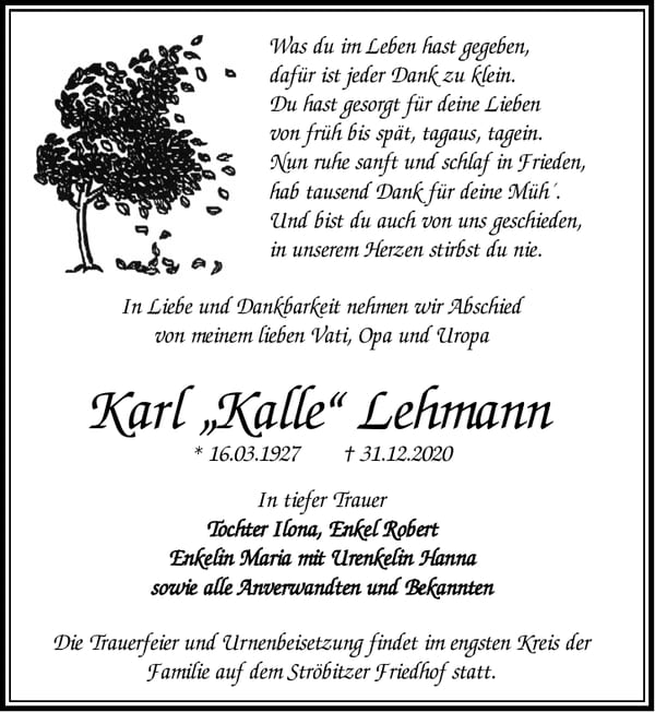 Traueranzeige Karl „Kalle“ Lehmann