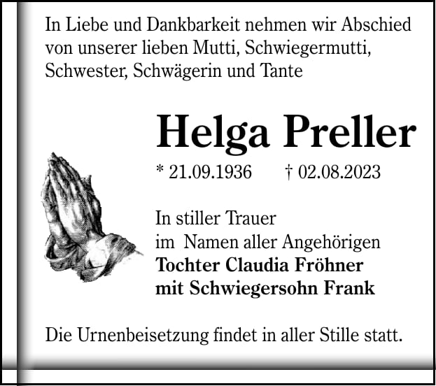 Traueranzeige Helga Preller
