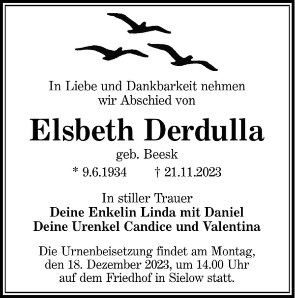 Traueranzeige Elsbeth Derdulla, geb. Beesk