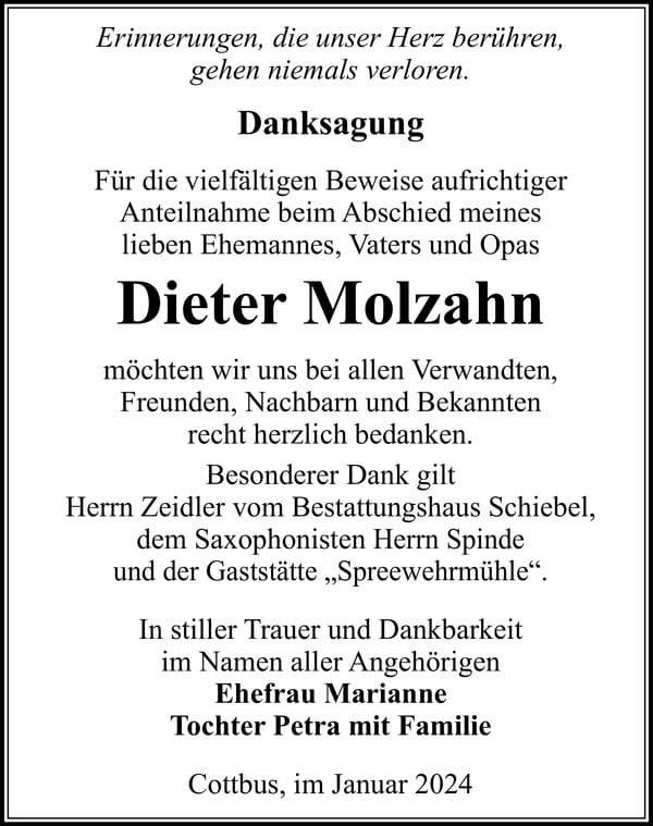 Danksagung Dieter Molzahn