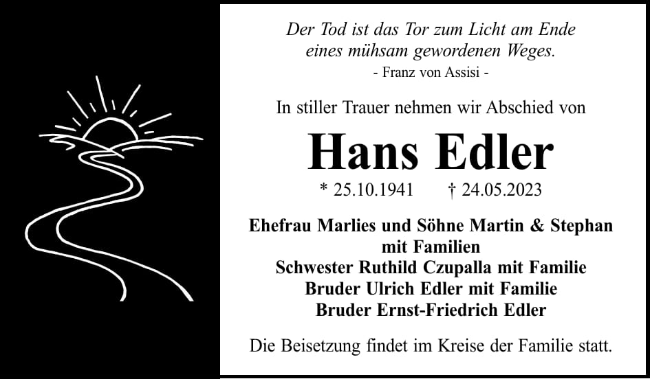 Traueranzeige Hans Edler