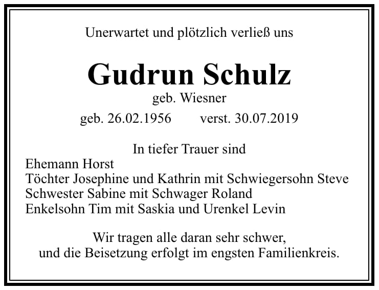 Traueranzeige Gudrun Schulz, geb. Wiesner