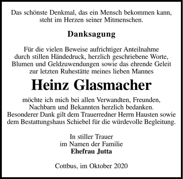 Danksagung Heinz Glasmacher