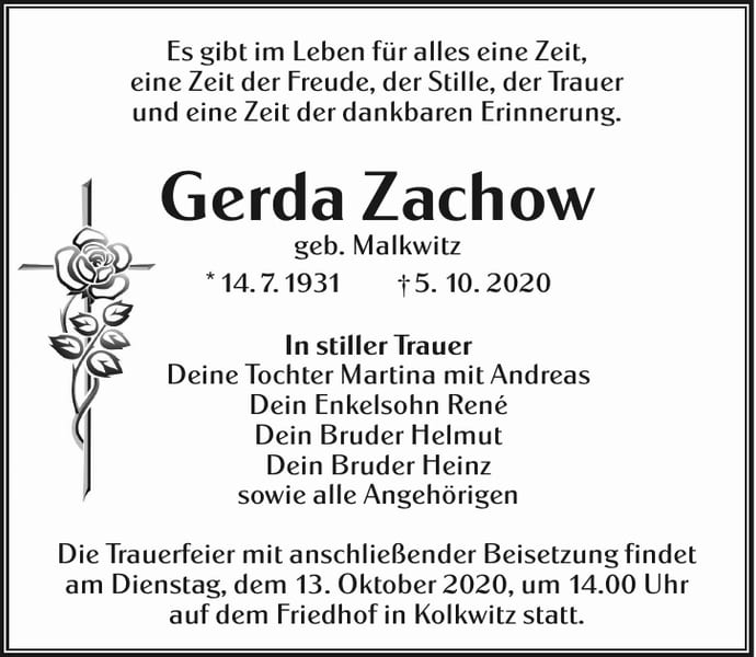 Traueranzeige Gerda Zachow, geb. Malkwitz